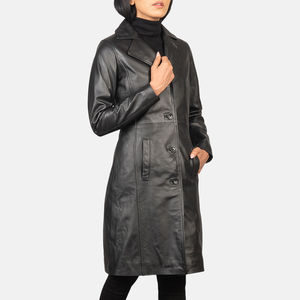 <b>Smart</b> Range Solid Breathable <b>Black</b> Long <b>Coat</b> <b>Womens</b> PU Leather Trench <b>Coat</b> Belt Closure - Product Image 3