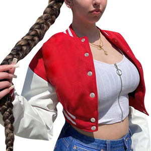Women's Red White Varsity Jacket Full Sleeve Short Length Rib Collar Regular Length Autumn Style - Product Image 1