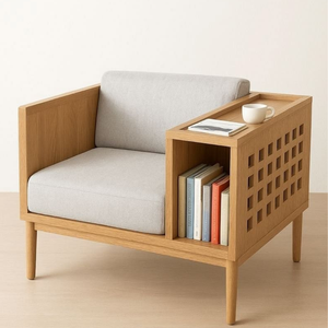 Fauteuil en teck massif avec rangement latéral, chaise longue minimaliste rembourrée - Product Image 1
