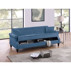 Divano Letto Contemporaneo 1 Pezzo in Tessuto Blu Bruciato Regolabile con Contenitore Imbottito, Schienale Trapuntato e Cuscini per Soggiorno e Uso Futon - Product Image 2