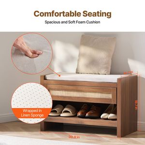 Panca Portascarpe in Rattan da 78,5 cm con Cassetto Contenitore, Stile Rustico Boho, Panca da Ingresso con Semplice Cuscino in Lino - Product Image 4