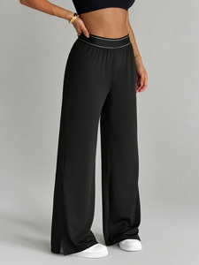 Pantalon Palazzo Femme Taille Haute Ample et Fluide Noir Athleisure avec Poches Fente Latérale Extensible Décontracté - Product Image 6