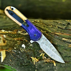 Custom Industrial Grade Damascus Steel Folding <b>Knife</b> Olive Wood Purple Resin Handle Clip Point 7.5 Inches EDC Pocket <b>Knife</b> - Product Image 3