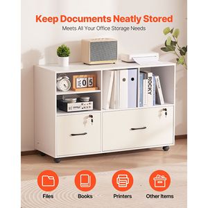2 cassetti Mobile in legno, ripiani aperti, portaoggetti con chiusura laterale, supporto per stampante regolabile - Product Image 2