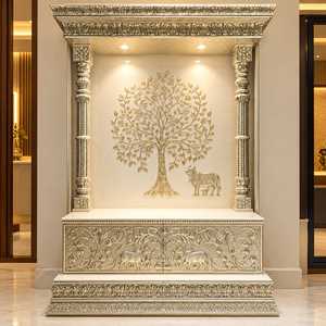 Handmade <b>Marble</b> Pooja Mandir 56 Ft Premium Hindu Temple Home Shrine Intricate Carved Pillars Gold Antique Finish <b>Tree</b> Wall - Product Image 1