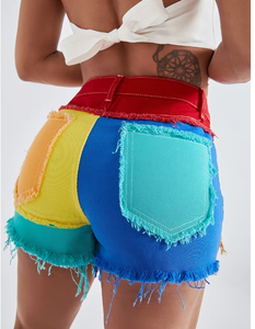 TRIBON SPORTS Shorts de mezclilla de cintura alta para mujer, ajustados, con dobladillo desgastado, informales, de verano, de secado rápido, con bordado de estrellas - Product Image 2