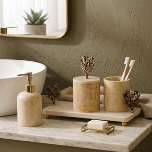 Juego de Baño de Mármol de Tres Piezas, Rectangular de Lujo con Detalles en Coral Dorado, Duradero para Uso en el Baño - Product Image 5