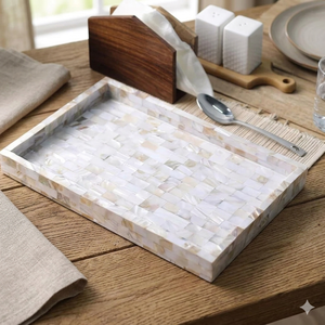 Bandeja rectangular de ratán hecha a mano al por mayor con incrustaciones de madreperla bandeja redonda para decoración de mesa de centro - Product Image 1