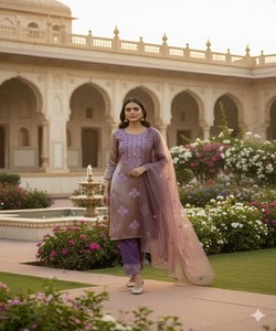 MODERN TWILL COTTON EMBROIDERY WORK <b>TOP</b> BOTTOM WITH DUPATTA <b>FESTIVE</b> WEAR WHOLESALE PRICE ETHNIC GARMENT LAVENDER - Product Image 4