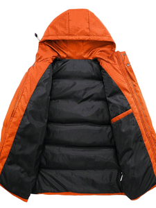Blouson matelassé orange pour homme, coupe-vent, en polyester épais, décontracté, col montant, fermeture éclair, coupe régulière, couleur unie, à capuche - Product Image 4