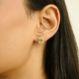 ต่างหูแบบติดหูทรงแปดเหลี่ยมขนาด 7x5 มม. ประดับไพลินสีเหลืองและเพชร ดีไซน์หรูหรา ของขวัญแต่งงาน ทำจากทองคำขาว 14K แท้ - Product Image 2