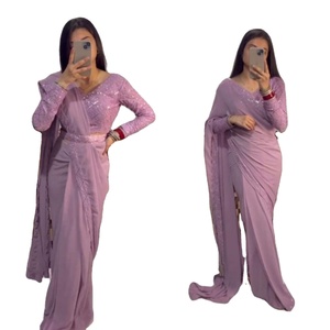 Sari indio de alta calidad Fatema Fashion, de georgette suave y pesado, Evergreen, listo para usar, con bordados, lentejuelas y ribete de encaje. - Product Image 1