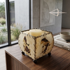 Portavelas de Cuero de Cabra Indonesio Hecho a Mano, Farol Cuadrado Curvo Wayang Kulit, Luz Ambiental para Mesa, Decoración para el Hogar - Product Image 5