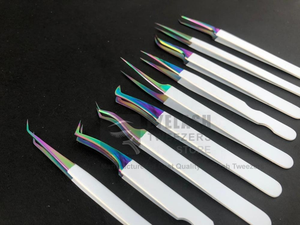 Pince à épiler pour extensions de cils en acier inoxydable japonais blanc avec arc-en-ciel, testée à la main, anti-magnétique, logo personnalisé - Product Image 3