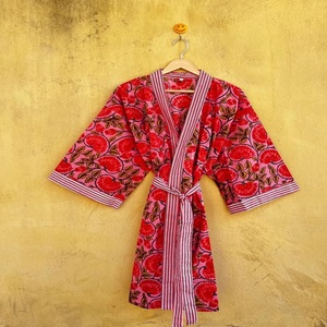 Robe Kimono en Coton Tissé à Col en V et Manches Trois-Quarts Imprimé Cerises pour Femme, Longueur Complète, Décontractée, Idéale pour le Printemps - Product Image 1