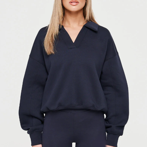 Womens <b>Navy</b> Blue Polo Neck Sweatshirt Premium Heavyweight Fleece Pullover Oversized Loungewear <b>Top</b> - Product Image 1