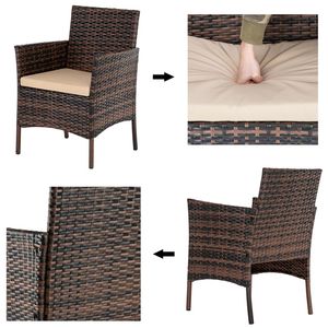 Set di 2 Poltrone Marroni Sfumate e 1 Divanetto con Tavolino in Vetro Temperato, Divano da Giardino in Rattan - Product Image 3
