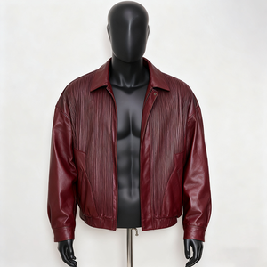 Men's Red PU Leather Bomber <b>Jacket</b> Turn-down Collar Zipper Closure Embossed <b>Star</b> Gear Pattern Casual Style Regular Length - Product Image 2