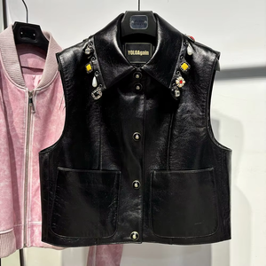 Chaleco de Cuero Genuino de Piel de Oveja 2026 para Mujer, Chaleco de Motocicleta de Cuero Brillante con Cristales, Chaleco de Cuero de Lujo - Product Image 1