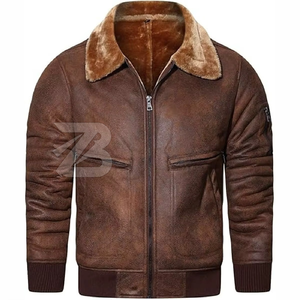 <b>Men's</b> Genuine Leather Aviator <b>Jacket</b> With Faux Fur Collar Zipper Closure Winter Moto Biker Style Thick Warm Coat - Product Image 1