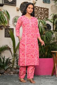 Conjunto de Salwar Kameez de Algodón con Estampado Floral Rosa para Mujer, para Bodas de Verano, Diwalis, Playas, Fiestas, Kurta Largo hasta la Pantorrilla, Pantalones de Secado Rápido - Product Image 2