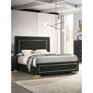 Set Camera da Letto in Stile Contemporaneo 3 Pezzi: Letto Queen Size e 2 Comodini con Gambe Dorate, Mobili in Legno Nero Imbottiti - Product Image 5