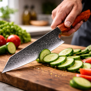 Cuchillo de Chef Extra Afilado Hecho a Mano en Acero de Damasco con Mango de Madera Ambidiestro y Funda de Cuero, Apto para Lavavajillas - Product Image 4