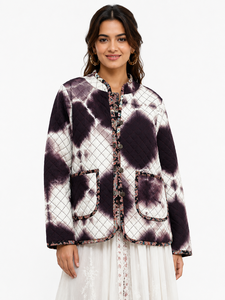 Veste matelassée en coton tie-dye personnalisée pour femme, col mandarin, bordure contrastante, style bohème, manteau d'hiver rembourré avec poches - Product Image 1