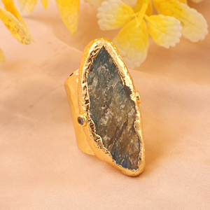 Natural flashy labradorite & cz <b>adjustable</b> <b>rings</b> 18K gold plated solid Brass Hammered Texture jewelry wholesale raw stone <b>ring</b> - Product Image 6