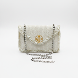 Bolso de mano blanco con cuentas y adornos de perlas, elegante bolso cruzado con cierre de solapa para fiestas nocturnas para mujer - Product Image 1