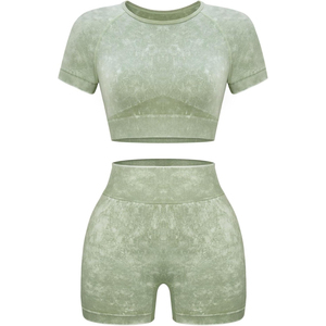 Two Piece Yoga Set Crew Neck Crop <b>Top</b> High Waist Shorts Solid Color Seamless Spandex Polyester <b>Sweat</b> Wicking Workout Wear - Product Image 4