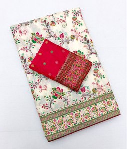 Sari en Soie Pashmina Premium Jacquard Floral Teint à la Main avec Blouse Contrastante et Bordure Designer Réversible – Idéal Toutes Saisons – Vente en Gros - Product Image 3