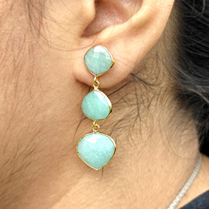 Bridal Gift Jewelry Checker Cut Natural Amazonite Triple Stone Stud Drops 18k Gold Plated Bezel Setting Statement Brass <b>Earring</b> - Product Image 3