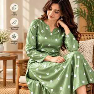 <b>Women</b> O Neck Empire Waist Patchwork Green Vintage <b>Kurta</b> Organic Cotton Woven Eco Friendly Washable Long Silk Lining Ethnic Wear - Product Image 3