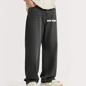 Pantalones Vaqueros de Mezclilla Sólidos de Cintura Alta 100% Algodón Hechos a Medida, con Logotipo de Diamantes de Imitación, de Pierna Recta y Estilo Holgado, Ideales para Otoño - Product Image 1