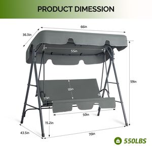 Set Altalena in Ferro con Capacità 250kg, 68*43*60 Pollici, Tessuto Oxford Grigio Scuro, Stile KD con Tettuccio e Cuscino per Patio - Product Image 2