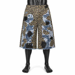 <b>Men's</b> Leopard Print Bermuda <b>Shorts</b> Mid Waist Patchwork Design With Denim <b>Patches</b> Street Style Elastic Waist - Product Image 1