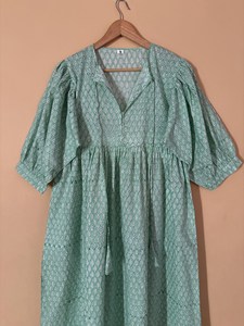 Women's Boho <b>Mint</b> Floral Handprint Cotton Midi <b>Dress</b> With Tie-Neck And Short Puff Sleeve Casual Summer <b>Dress</b> - Product Image 4
