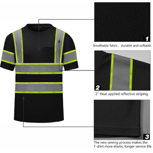 Camiseta de Trabajo de Alta Visibilidad para Hombre, Negra con Rayas Verde Lima y Plateadas, Manga Corta, Uniforme de Seguridad - Product Image 2