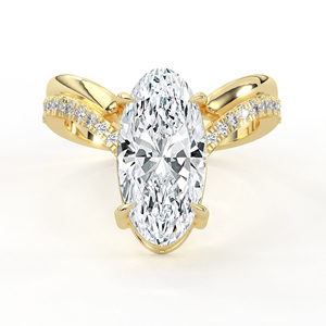 Ensemble de mariage en or jaune 14K 18K avec diamant de laboratoire taille ovale, bague solitaire entrelacée et alliance assortie micro-pavée Chevron V - Product Image 1