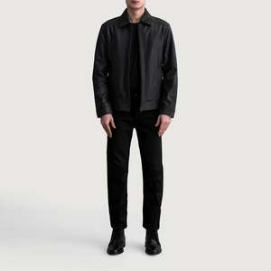 Classic slim-fit leather jacket for men, crafted from soft sheepskin leather with functional pockets and a modern stand collar. - Product Image 4