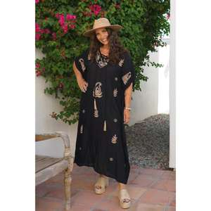 Vestido Kaftán Negro Estampado para Mujer, Corte Holgado, Estilo Boho, Maxi Kaftán con Cuello en V, para Playa, Vacaciones y Resort - Product Image 2