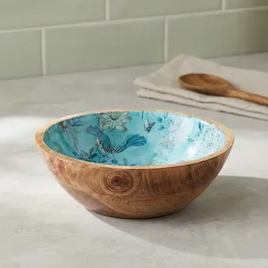 Handcrafted <b>Mango</b> <b>Wood</b> Serving <b>Bowl</b> with White Floral Interior Coating Blue Border Decorative Wooden Salad <b>Bowl</b> - Product Image 3