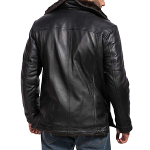 Men's Black Genuine <b>Leather</b> Shearling Fur Collar Jacket Single Breasted Thick <b>Coat</b> - Product Image 4