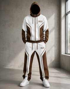 ONETEN APPARELS <b>Men</b> <b>White</b> Brown Color Block Waterproof Acid Wash Tracksuit Hooded Zipper Full Sleeve Casual <b>Joggers</b> Sweatshirt - Product Image 6
