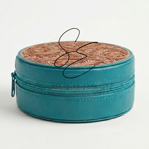 Elegant Round Tooled <b>Leather</b> <b>Jewelry</b> Case with Velvet Interior Floral Carved Turquoise Zipper Accessories Organizer Case Women - Product Image 2