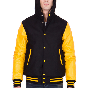 Mens Black and Yellow Hooded Varsity Jacket Yellow Leather Sleeves Letterman Bomber Jacket Casual Baseball Style Winter <b>Warm</b> Coa - Product Image 2