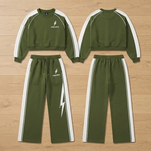 Women's Olive Green <b>White</b> Color Block <b>Cropped</b> <b>Sweatshirt</b> Wide Leg Tracksuit Set Casual Streetwear Sportswear Custom Private - Product Image 4