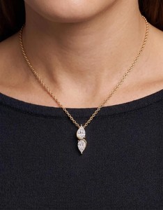 Collar con Colgante de Diamantes de Corte Pera Doble en Oro Amarillo Sólido, Gargantilla Minimalista con Dos Piedras en Racimo Vertical, Elegante para Uso Diario - Product Image 4