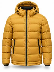 Men's Mustard Hooded Puffer <b>Jacket</b> Winter Waterproof Windproof <b>Casual</b> Zipper Polyester Wadding Regular Length Solid Color Custom - Product Image 1